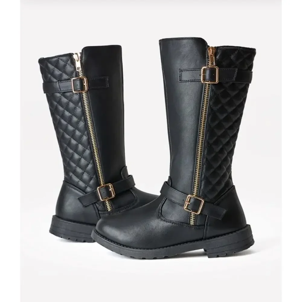 FabKids Black Quilted Buckle Detail Riding Boots Girls Size 4